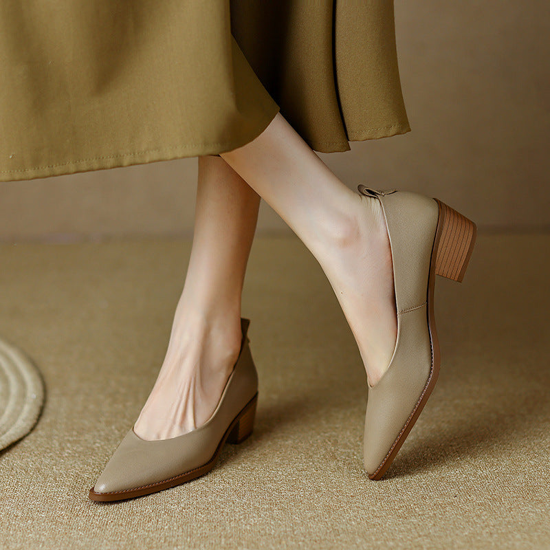Sarah Express Women's Sheepskin Pointed Toe Chunky Heels Gray