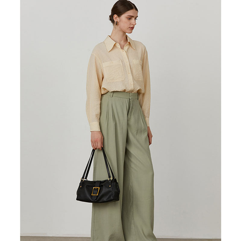 Sarah Express Retro Cowhide Leather Pleated Tote Bag
