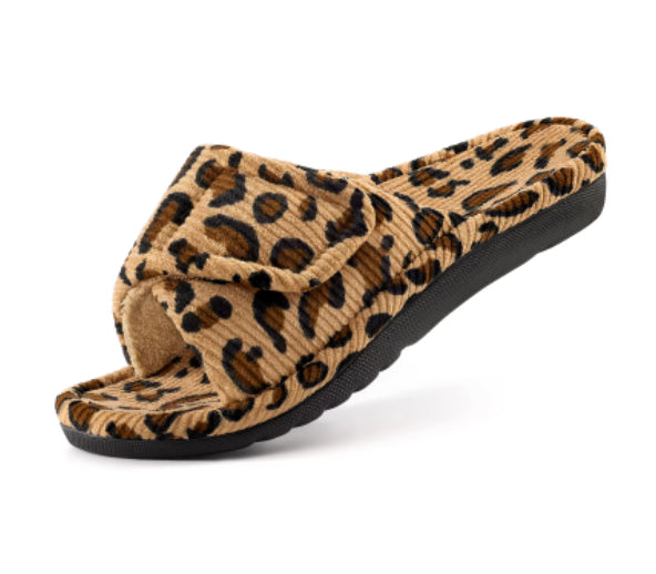 Sarah Express Corduroy Velcro Adjustable Slide Sandals Leopard Print