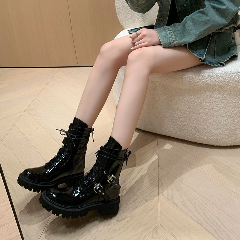 Sarah Express French Style Buckle Platform Motorcycle Boots Black With Velvet Lining