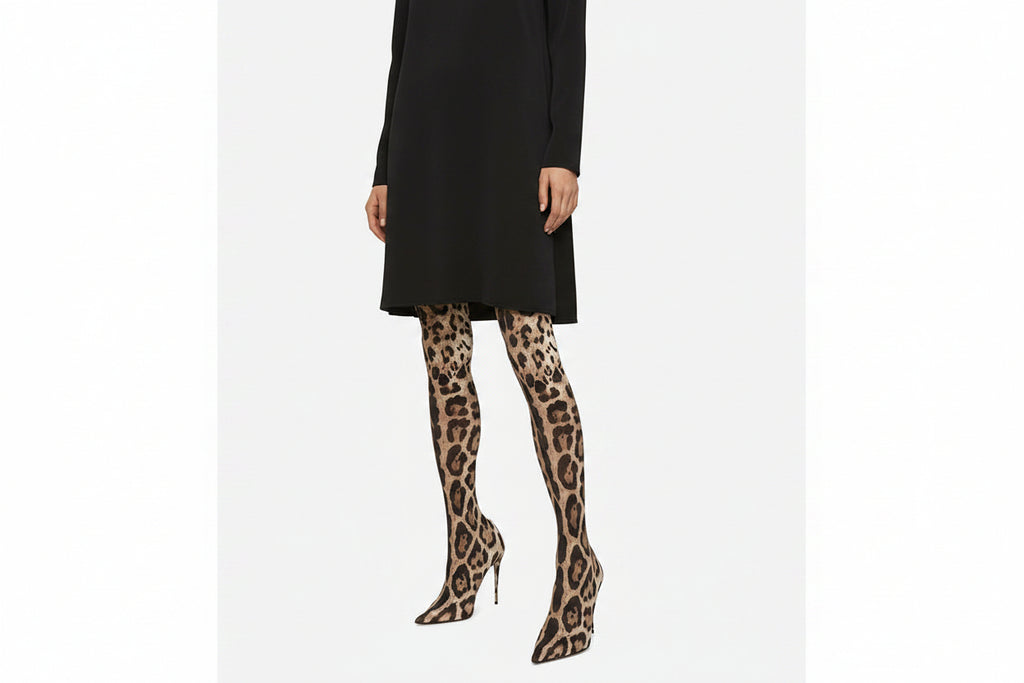 Sarah Express Leopard Print Knee-High Satin Stretch Boots