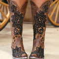 Sarah Express Embroidered Ethnic Mid-Calf Chunky Heel Boots Brown