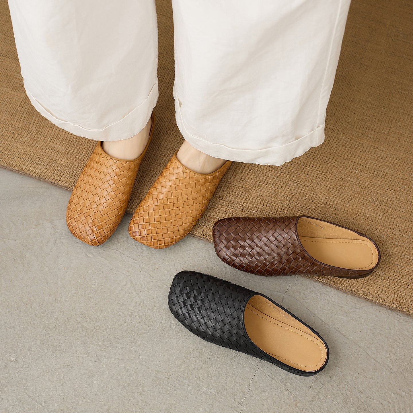 Sarah Express Handwoven Cowhide Square Toe Mules