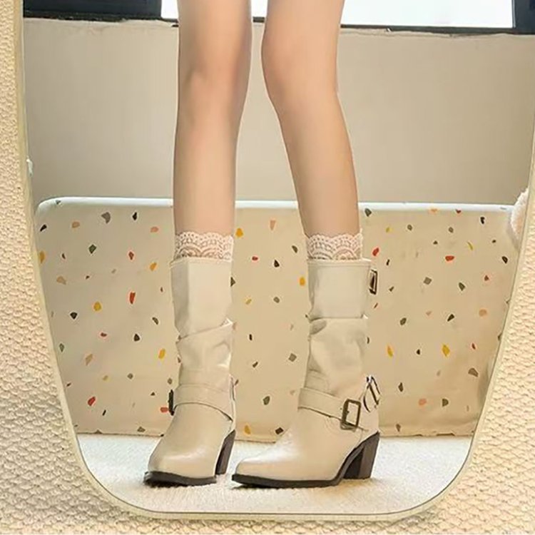 Sarah Express Retro Mid-Calf Chunky Heel Pointed Boots