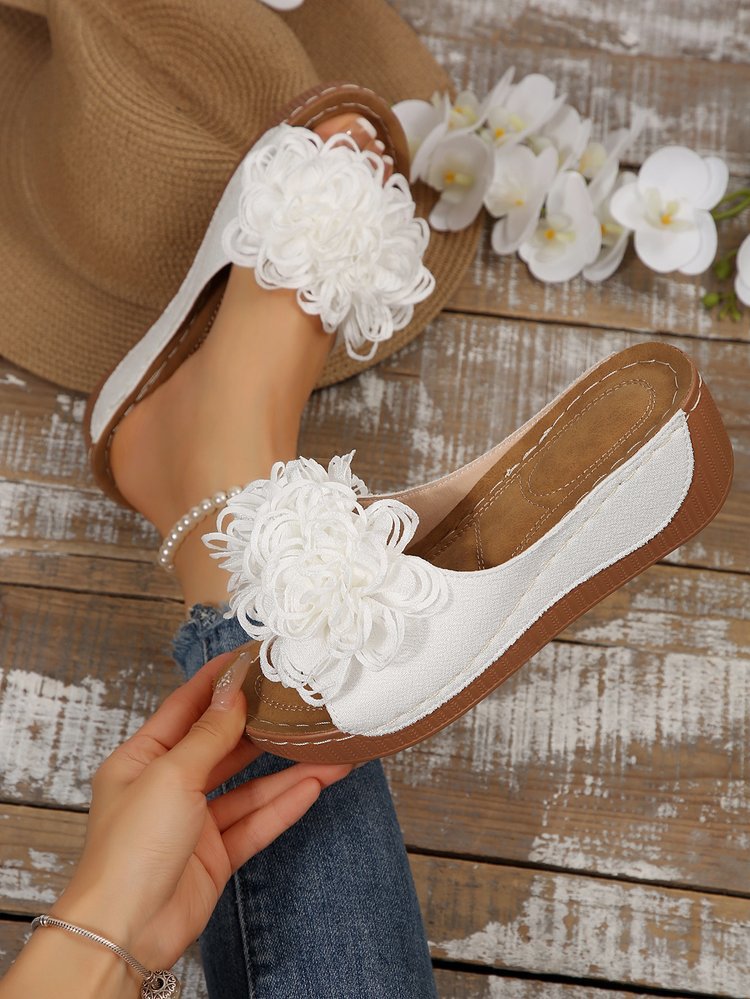 Sarah Express Floral Wedge Platform Mule Sandals White