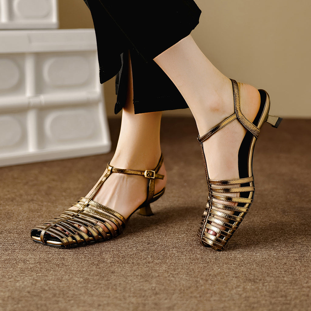 Sarah Express Washed Lambskin T-Strap Cage Sandals
