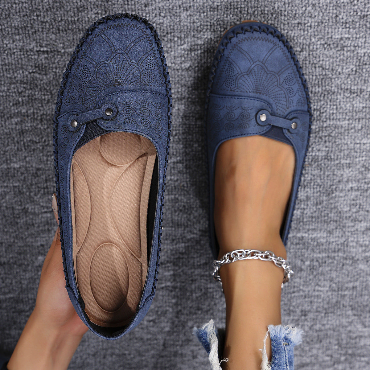 Sarah Express Women's Retro Flat Slip-On Loafers Blue