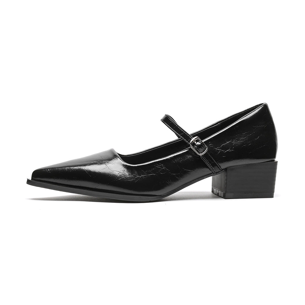 Sarah Express Cowhide Leather Chunky Heel Mary Janes Black