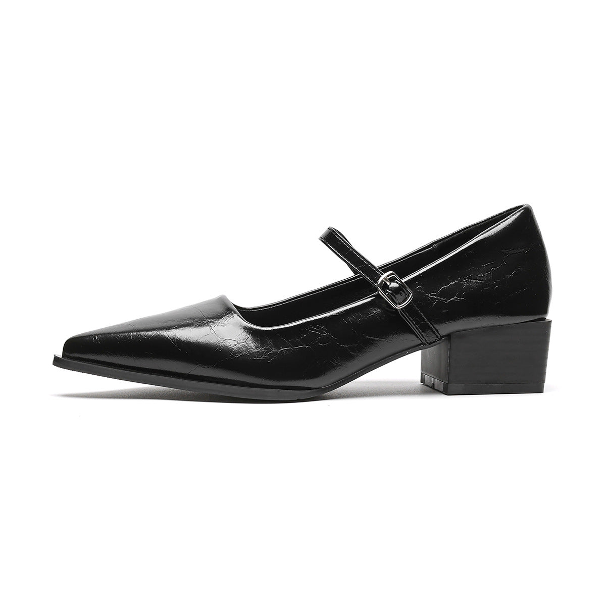 Sarah Express Cowhide Leather Chunky Heel Mary Janes Black