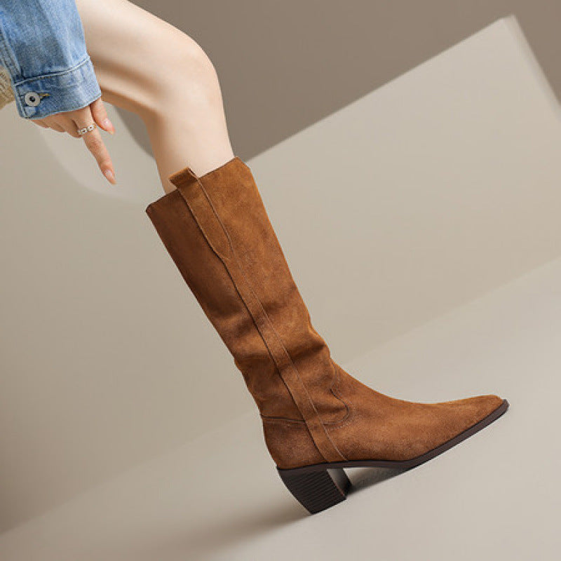 Sarah Express Handmade Retro Pointed Toe Chunky Boots