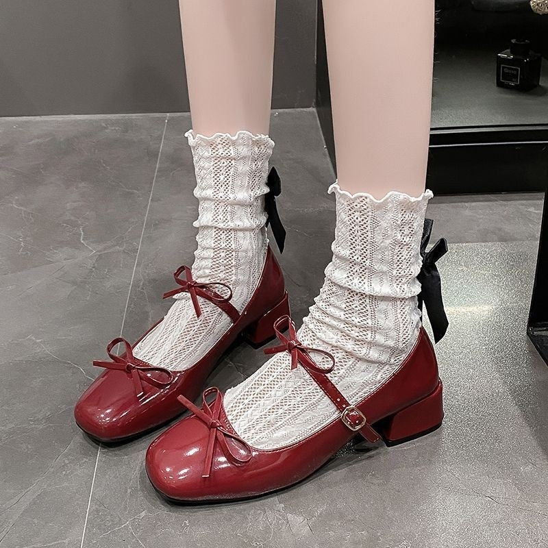 Sarah Express Square-Toe Mary Jane Shoes with Bow Wine Red