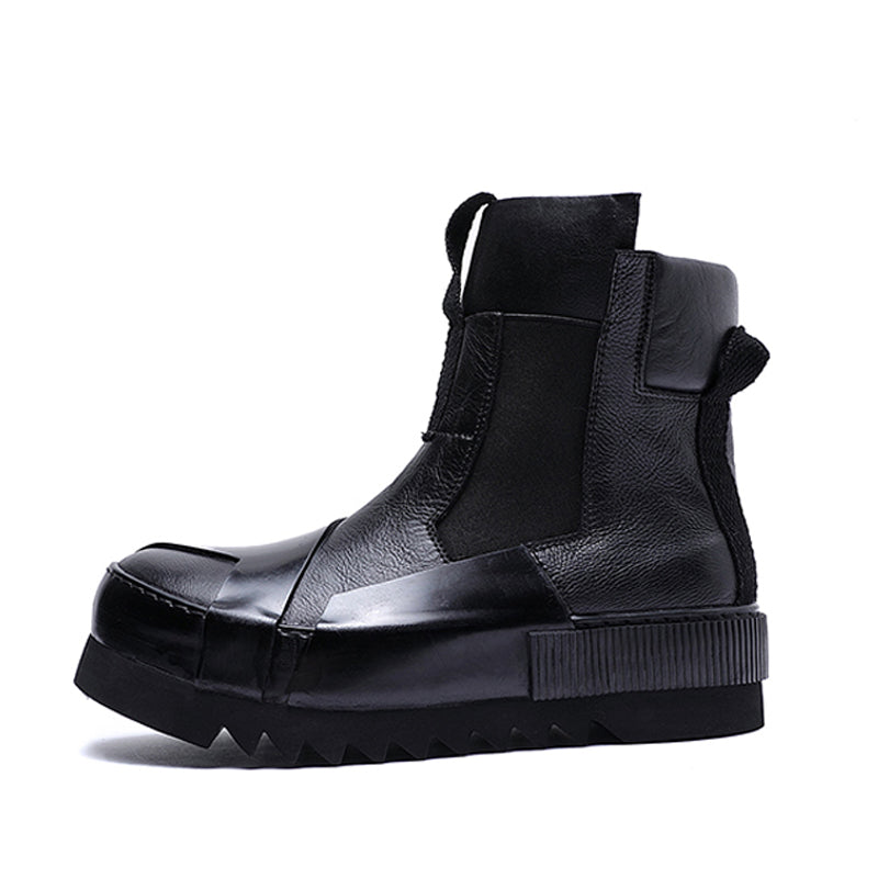 Sarah Express Retro Thick Soled Leather Casual Boots Black cowhide