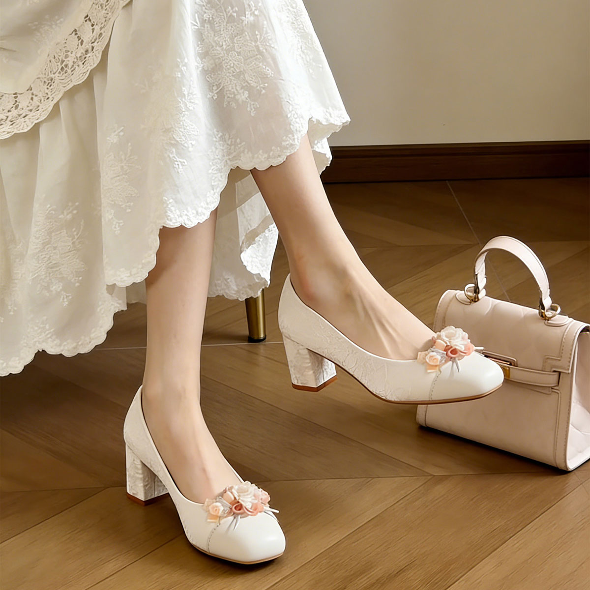 Sarah Express Floral Jacquard Square Toe Block Heels