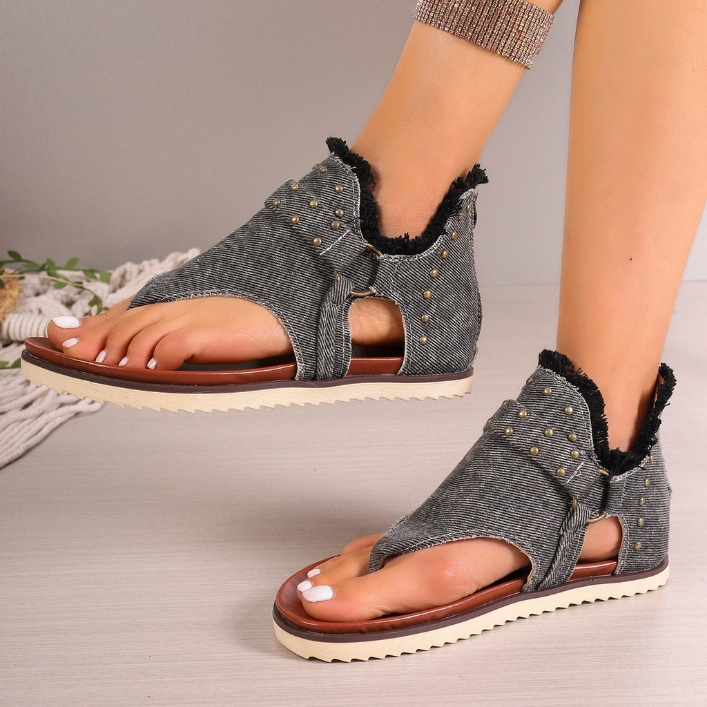Sarah Express Denim Studded Thong Sandals With Zipper