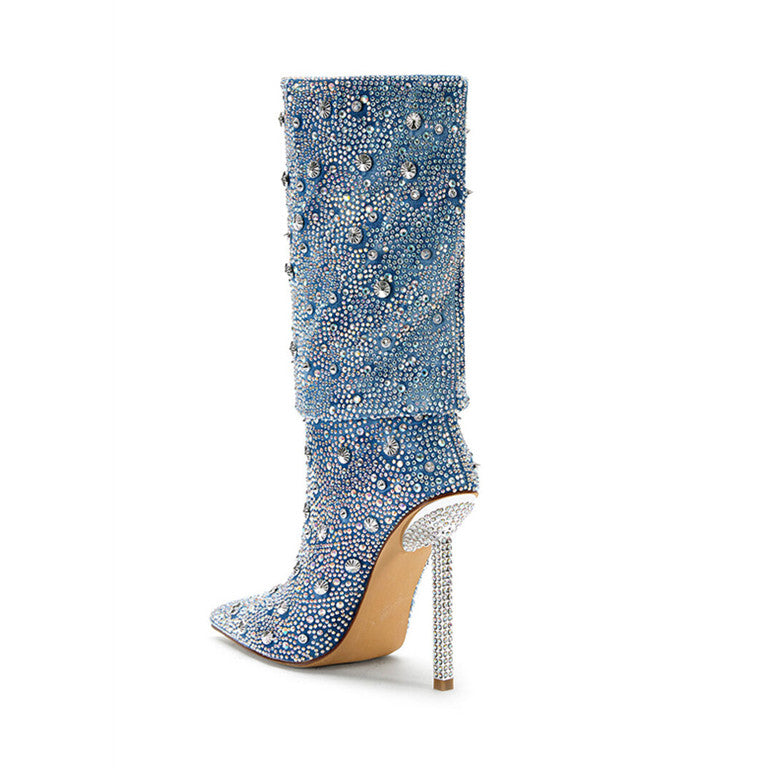 Sarah Express Denim Blue Rhinestone Pointed Toe Boots