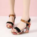 Sarah Express Floral Embroidered Platform Wedge Sandals Black