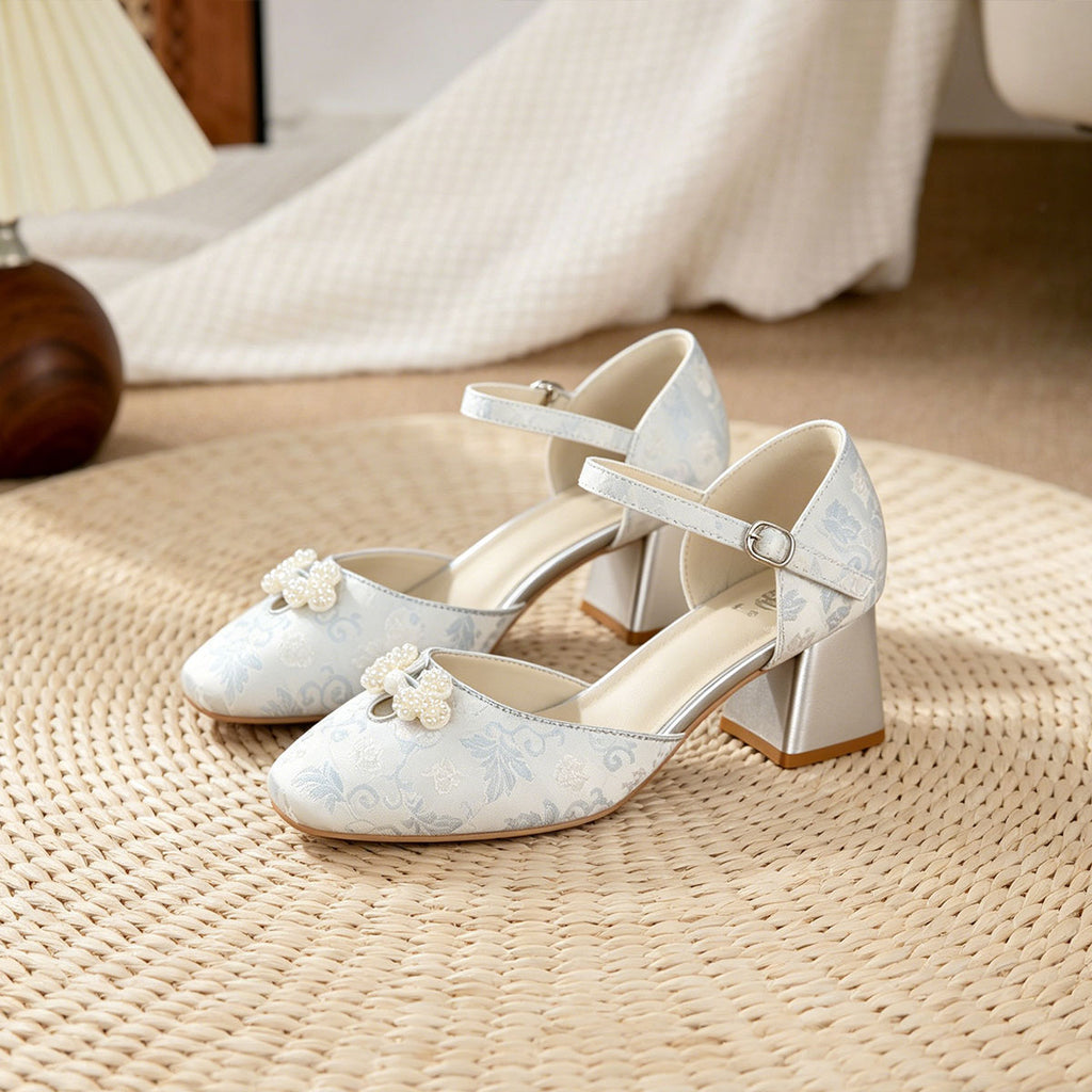 Sarah Express Jacquard Platform Heels with Pearl Bow
