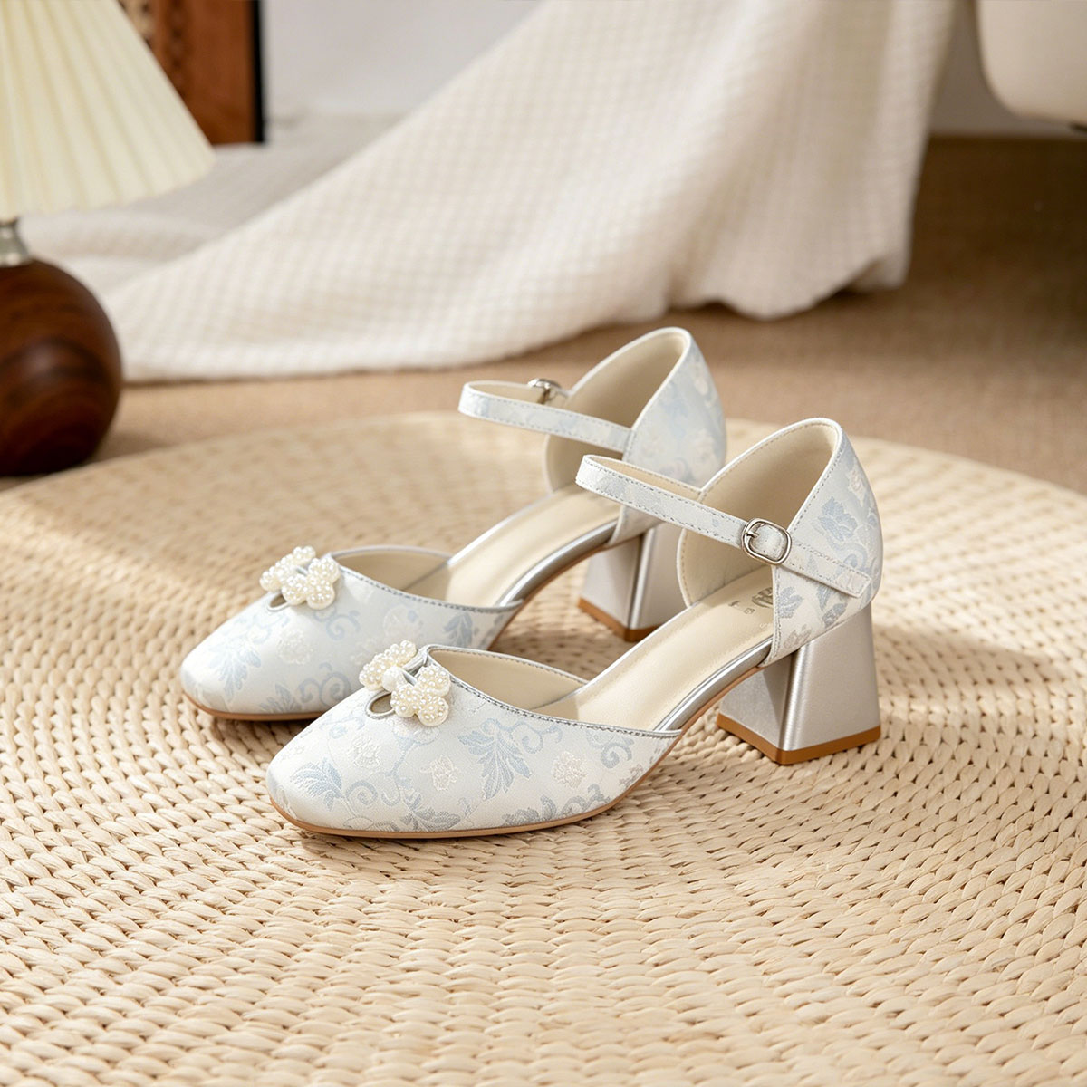 Sarah Express Jacquard Platform Heels with Pearl Bow