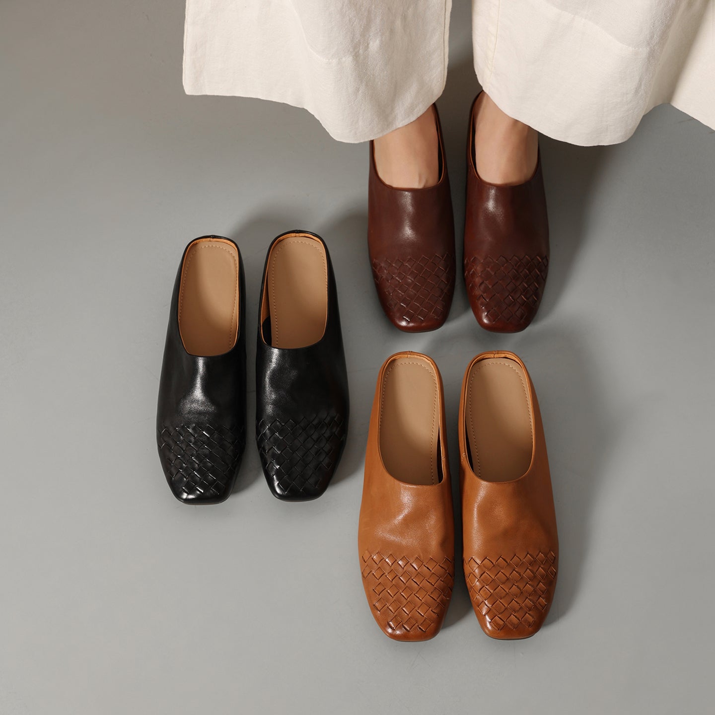 Sarah Express Hand-Woven Leather Square Toe Mule Loafers