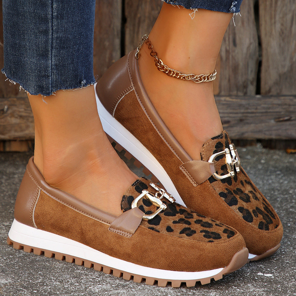Sarah Express Women's Leopard Print Metal Buckle Flats
