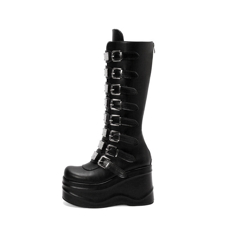 Sarah Express Women's Round-Toe Chunky Heel Platform Boots Black Pu