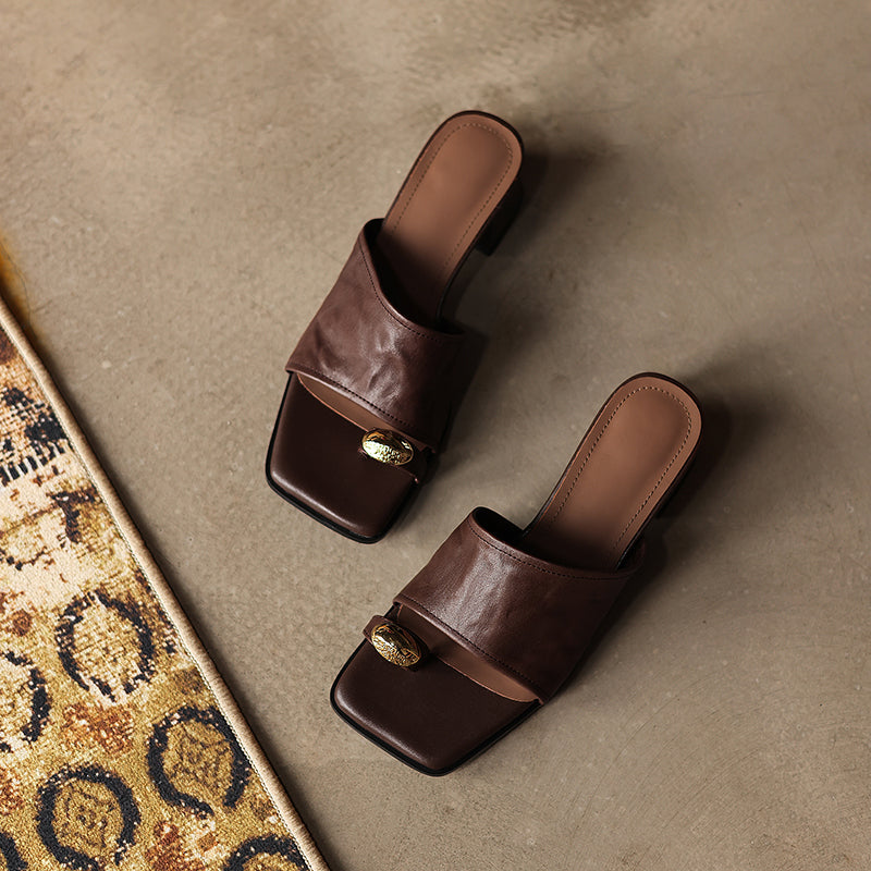 Sarah Express Lambskin Square Toe Block Heel Mules