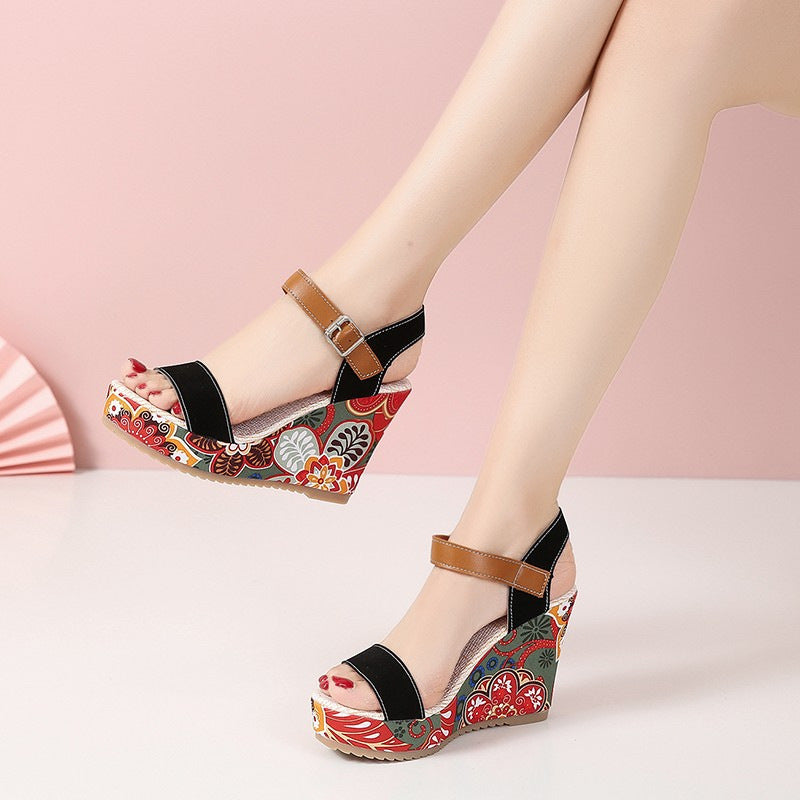Sarah Express Floral Embroidered Platform Wedge Sandals