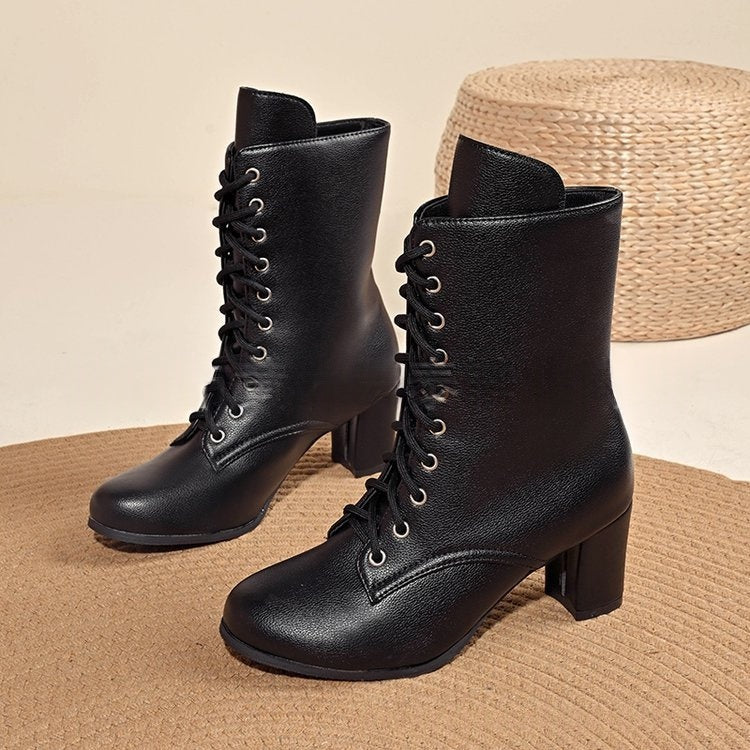 Sarah Express Women's Lace-Up Chunky Heel Boots Black