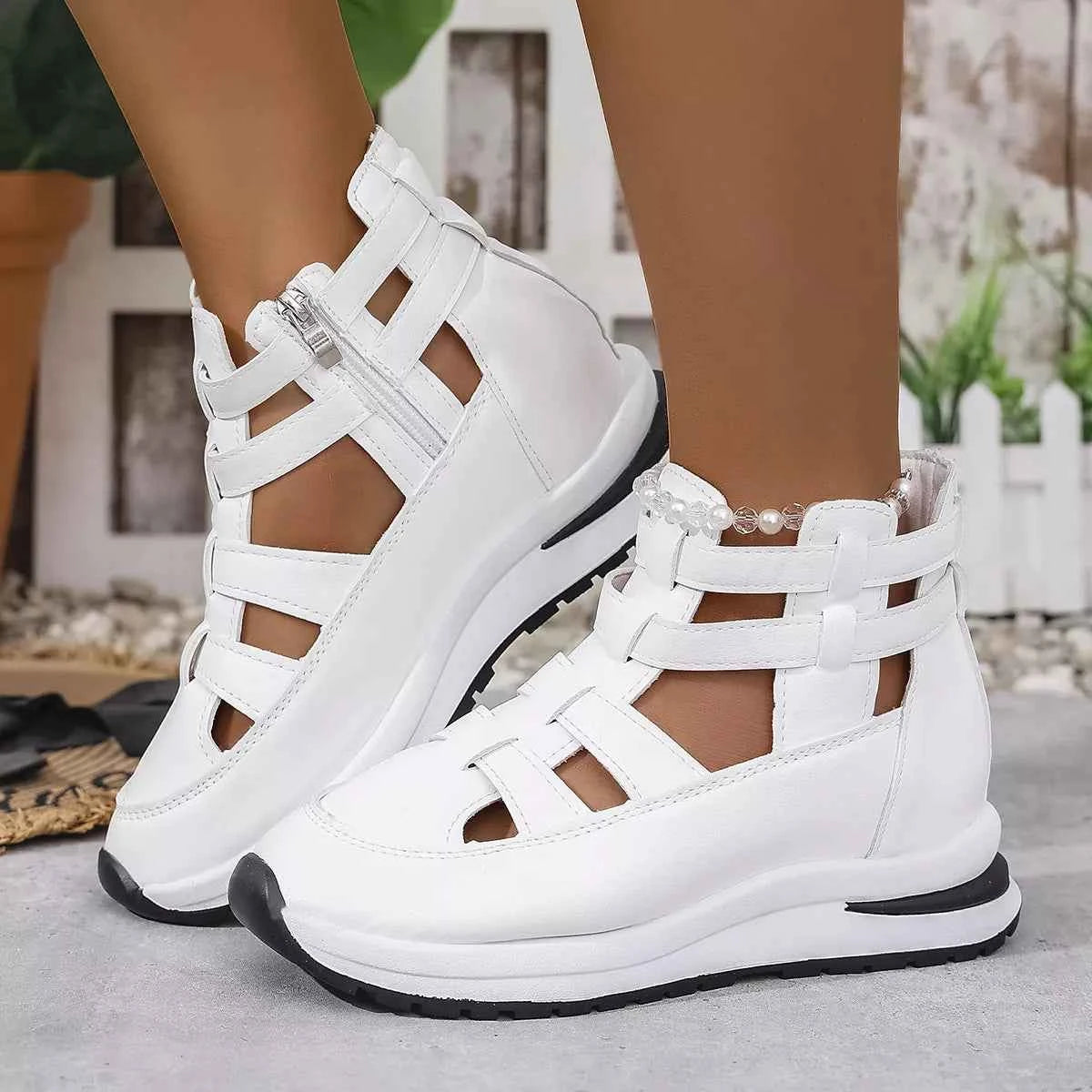 Sarah Express Women's Cutout Platform Sneakers Gray white