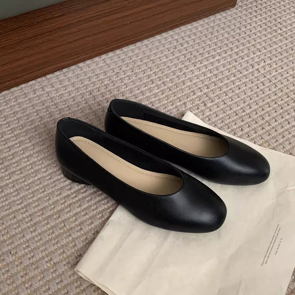 Sarah Express Women's Low-cut Genuine Leather Chunky Heels Black