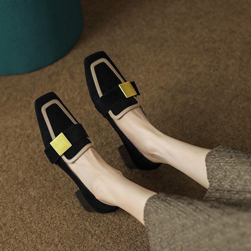 French Retro Color Block Single Shoe With Medium Thick Heel – product detail alternate view 3