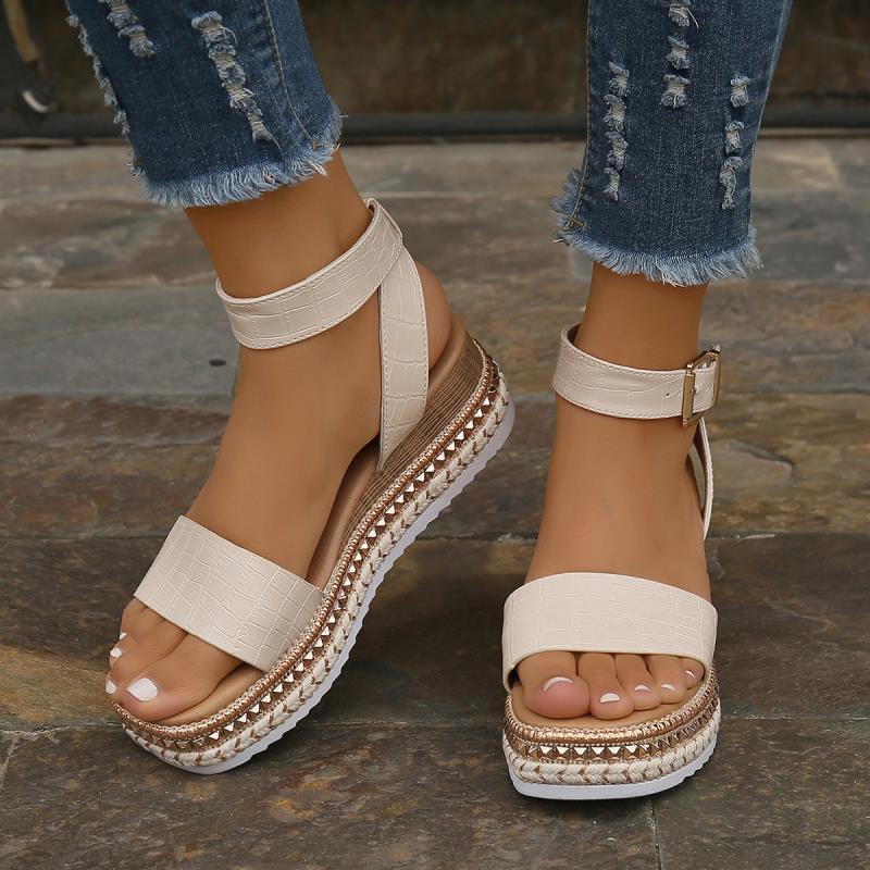 Sarah Express Women's Buckle Strap Hemp Wedge Sandals