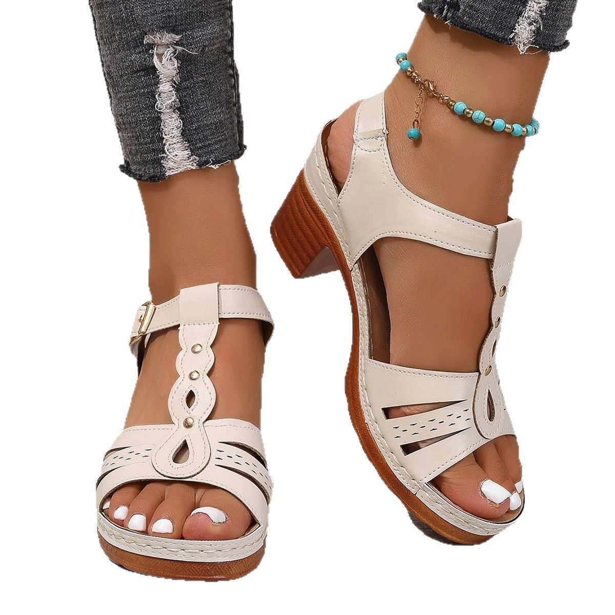 Sarah Express Strappy Buckle Round Toe High Heel Sandals