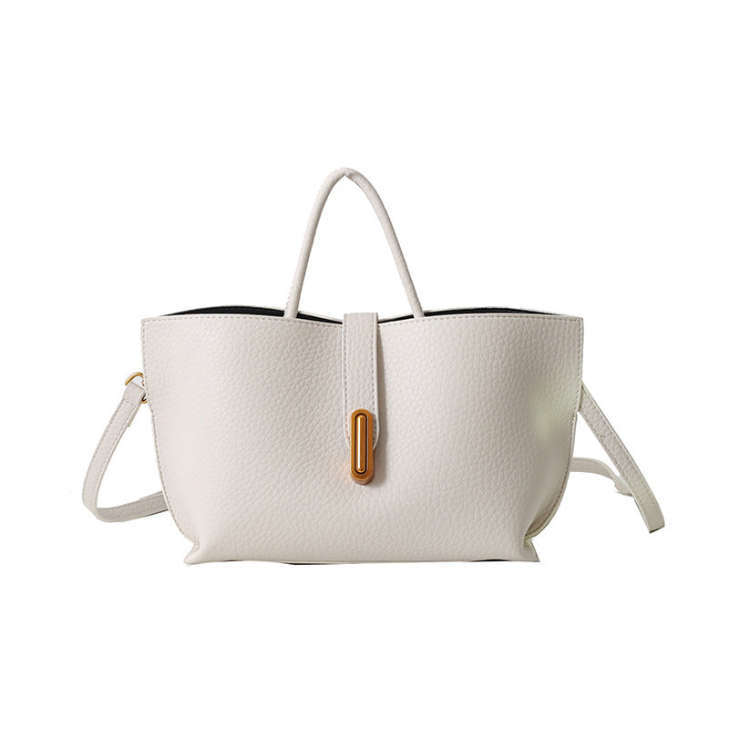 Sarah Express Litchi Pattern Structured Shoulder Bucket Bag Beige