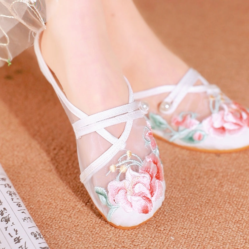 Sarah Express Embroidered Mesh Retro Low Heel Sandals