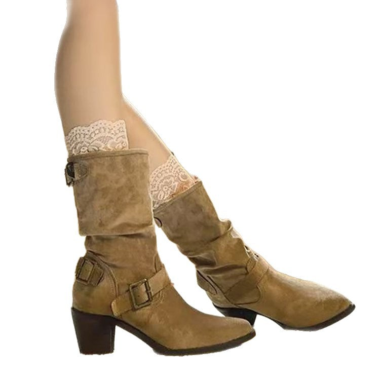 Sarah Express Retro Mid-Calf Chunky Heel Pointed Boots