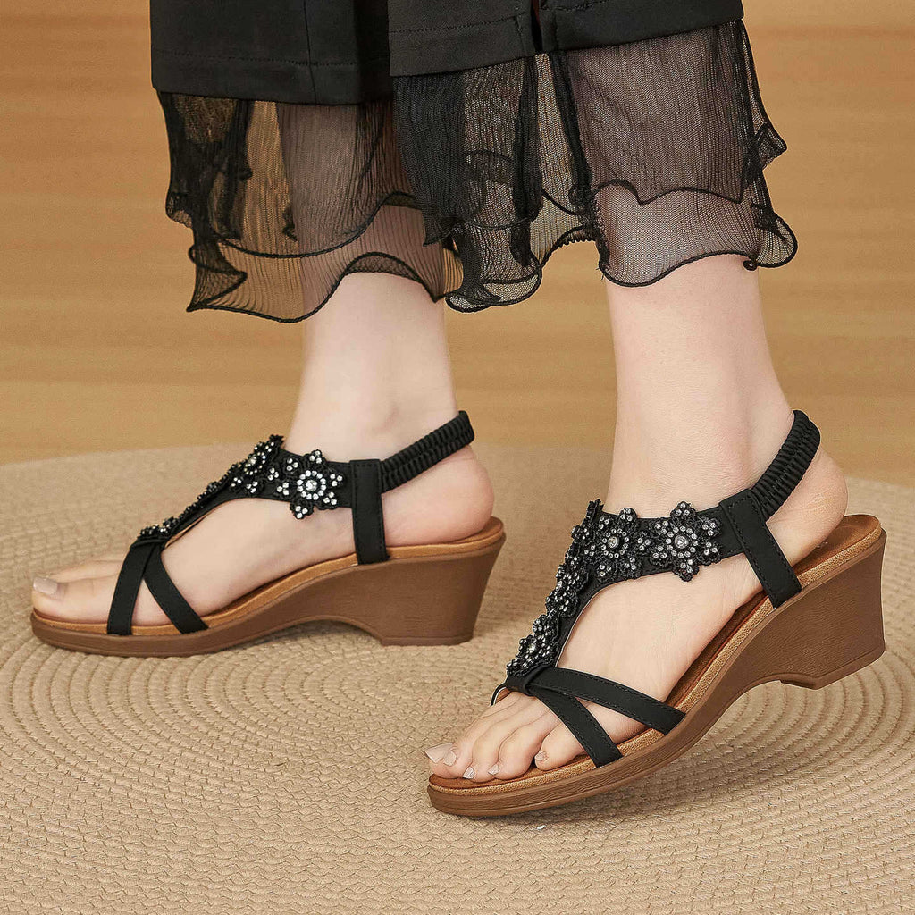 Sarah Express Rhinestone Flower Wedge Sandals