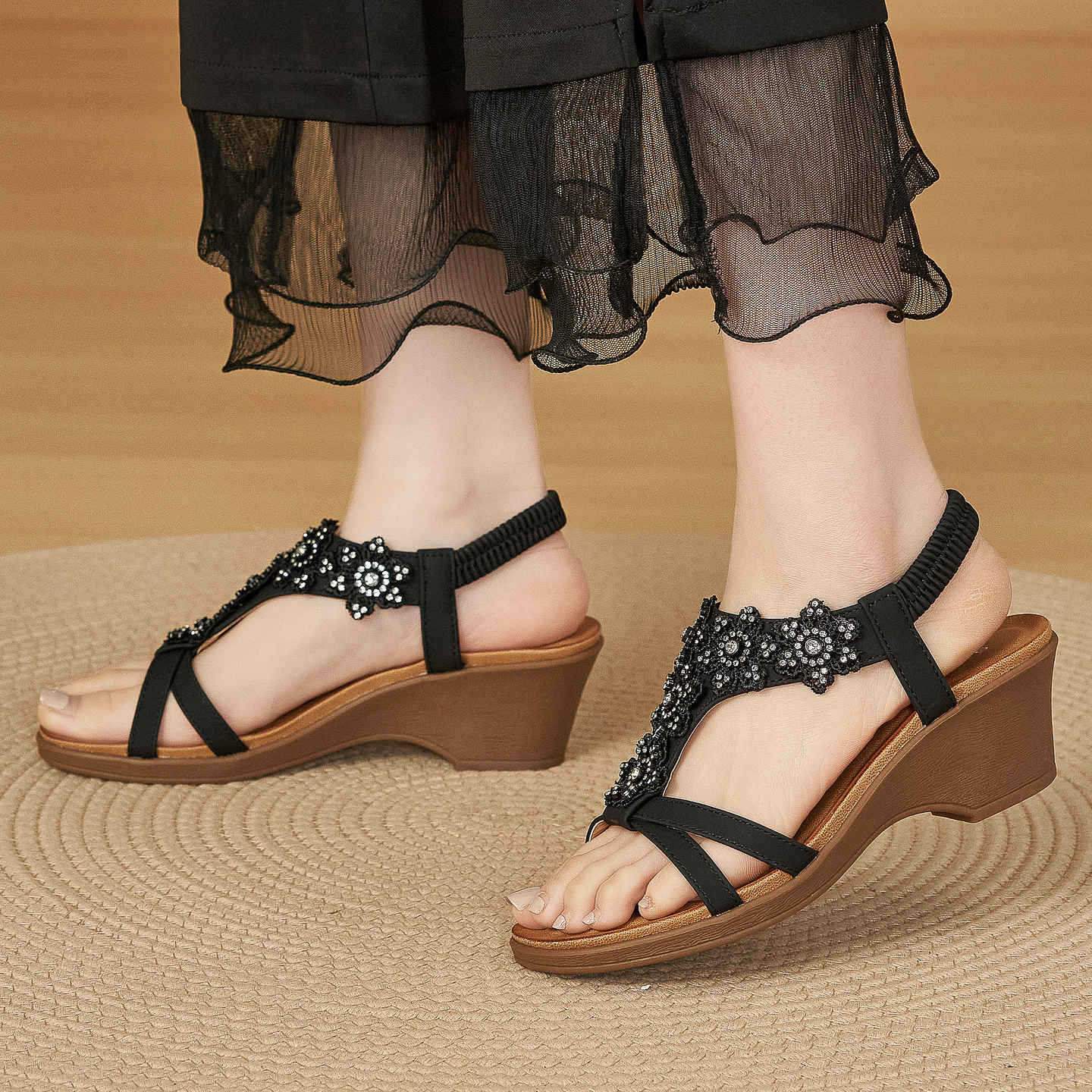 Sarah Express Rhinestone Flower Wedge Sandals