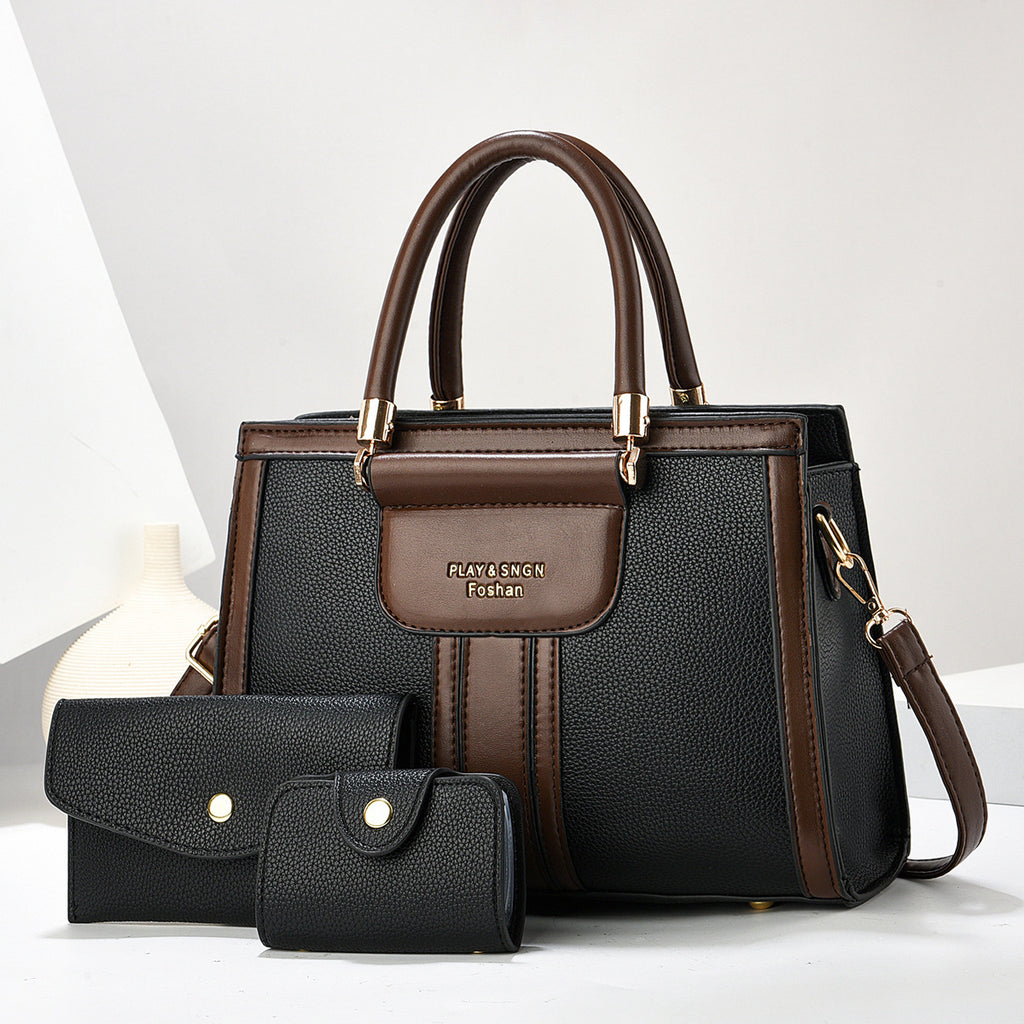 Sarah Express Multi-Pocket PU Leather Tote Bag Set Black
