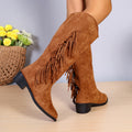 Sarah Express Fringe Suede Chunky Heel Boots Brown