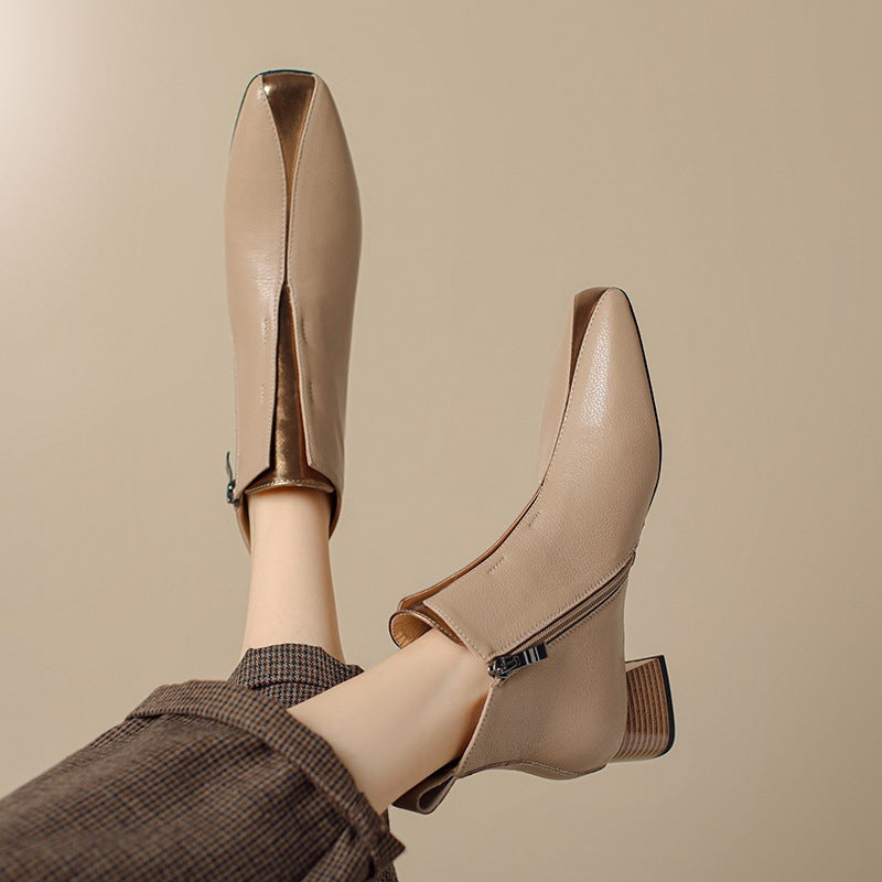 Sarah Express Retro Square-Toe Sheepskin Chunky Heel Boots