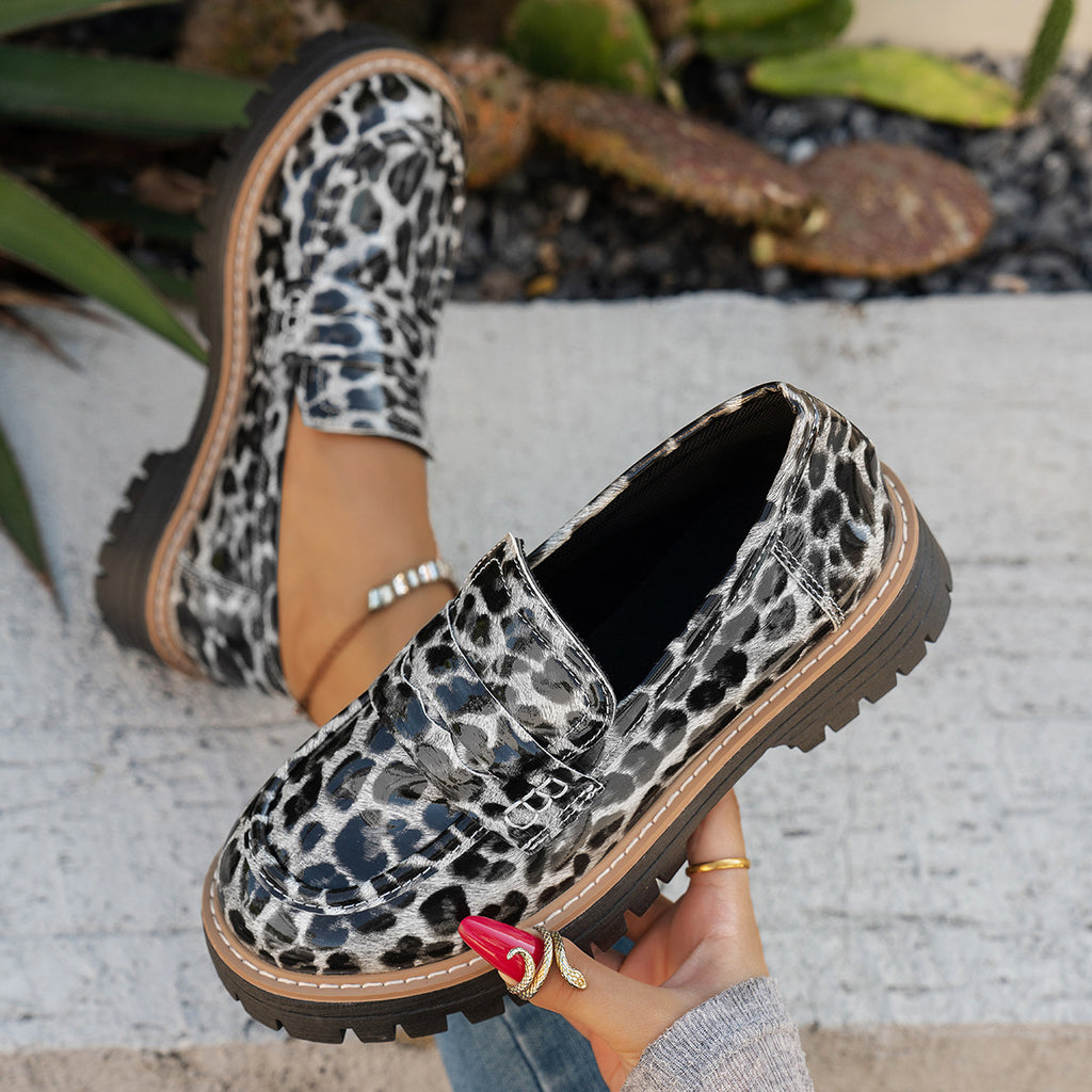 Sarah Express Leopard Print Patent Leather Chunky Loafers White