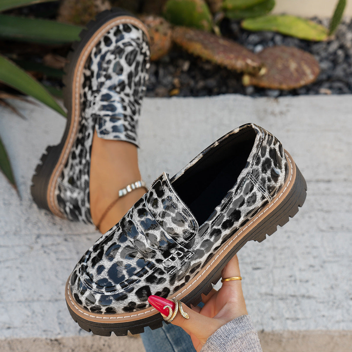 Sarah Express Leopard Print Patent Leather Chunky Loafers White