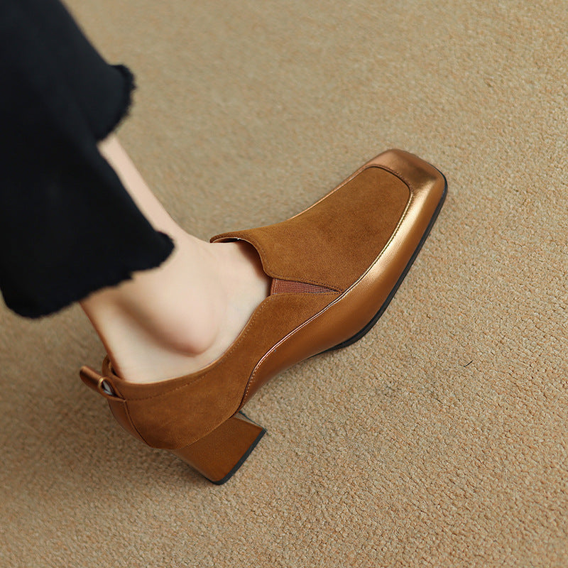 Sarah Express Women's Retro Square-Toe Chunky Heel Shoes