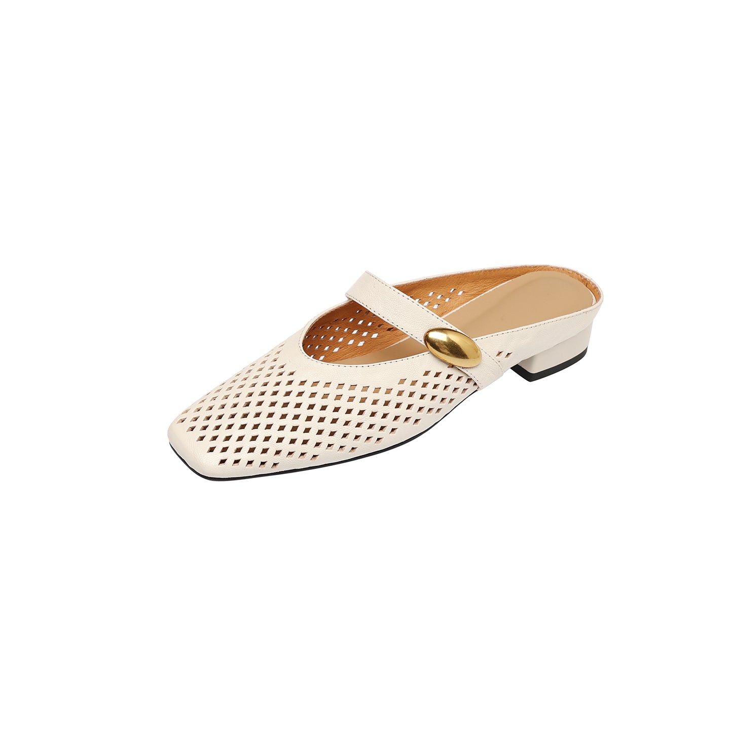 Sarah Express Perforated Sheepskin Mary Jane Mules Offwhite