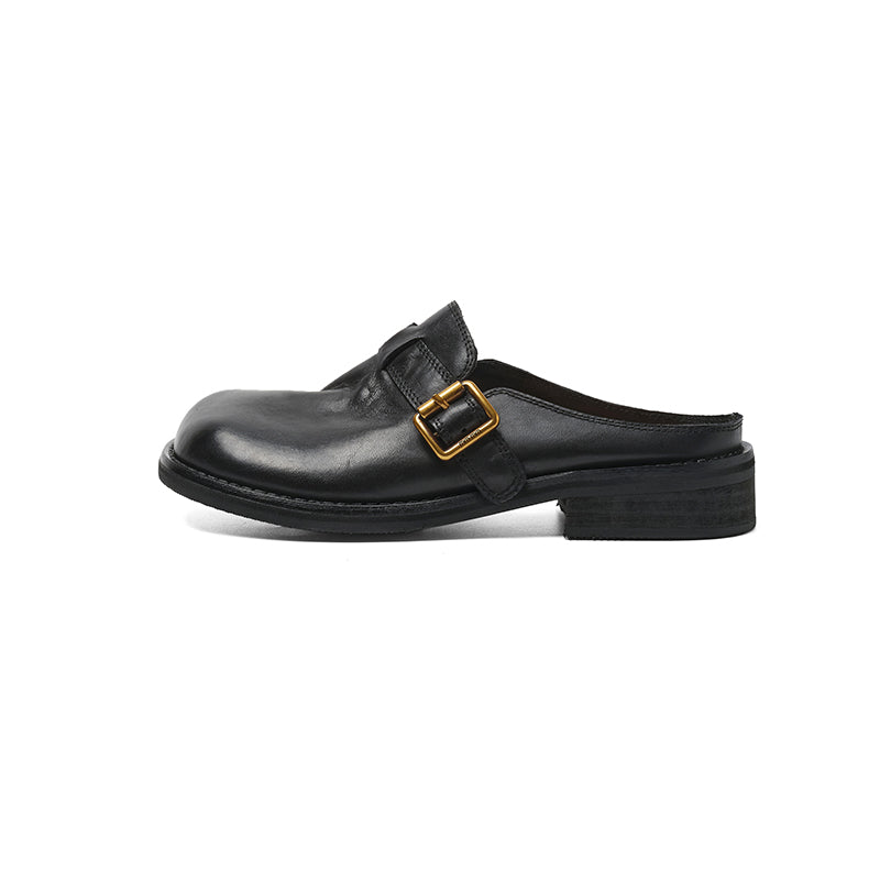 Sarah Express Full Grain Leather Buckle Mules Black