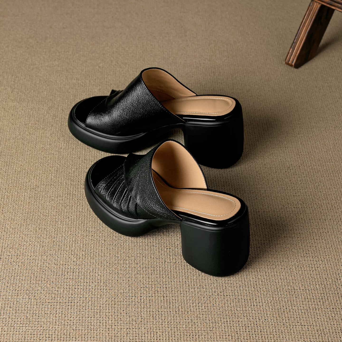 Sarah Express Ruched Lambskin Leather Block Heel Slides
