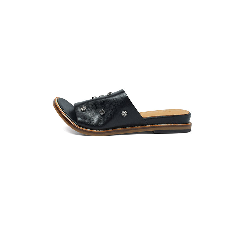 Sarah Express Studded Leather Slide Sandals Flat Mules Black