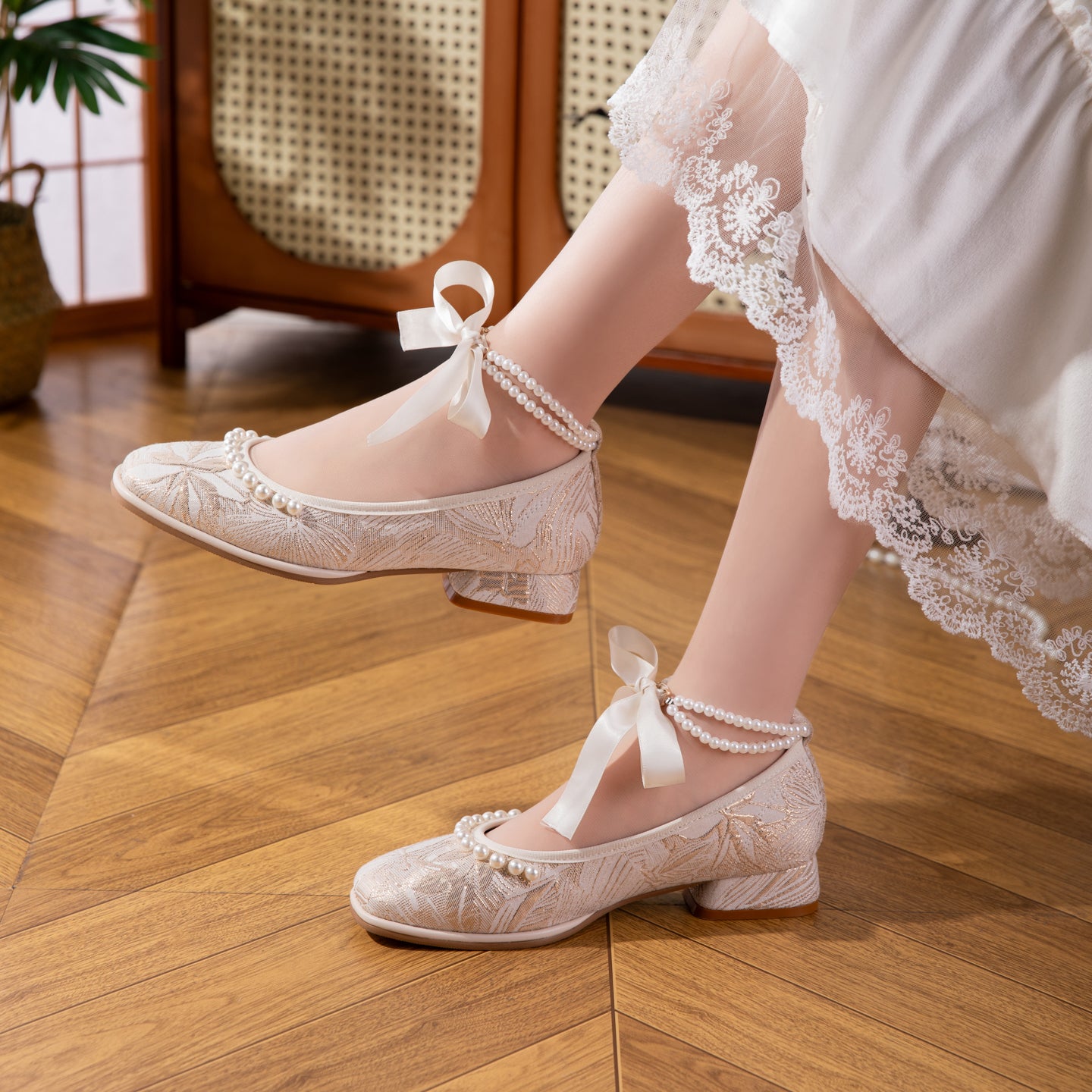 Sarah Express Jacquard Mary Jane Low Heel Shoes