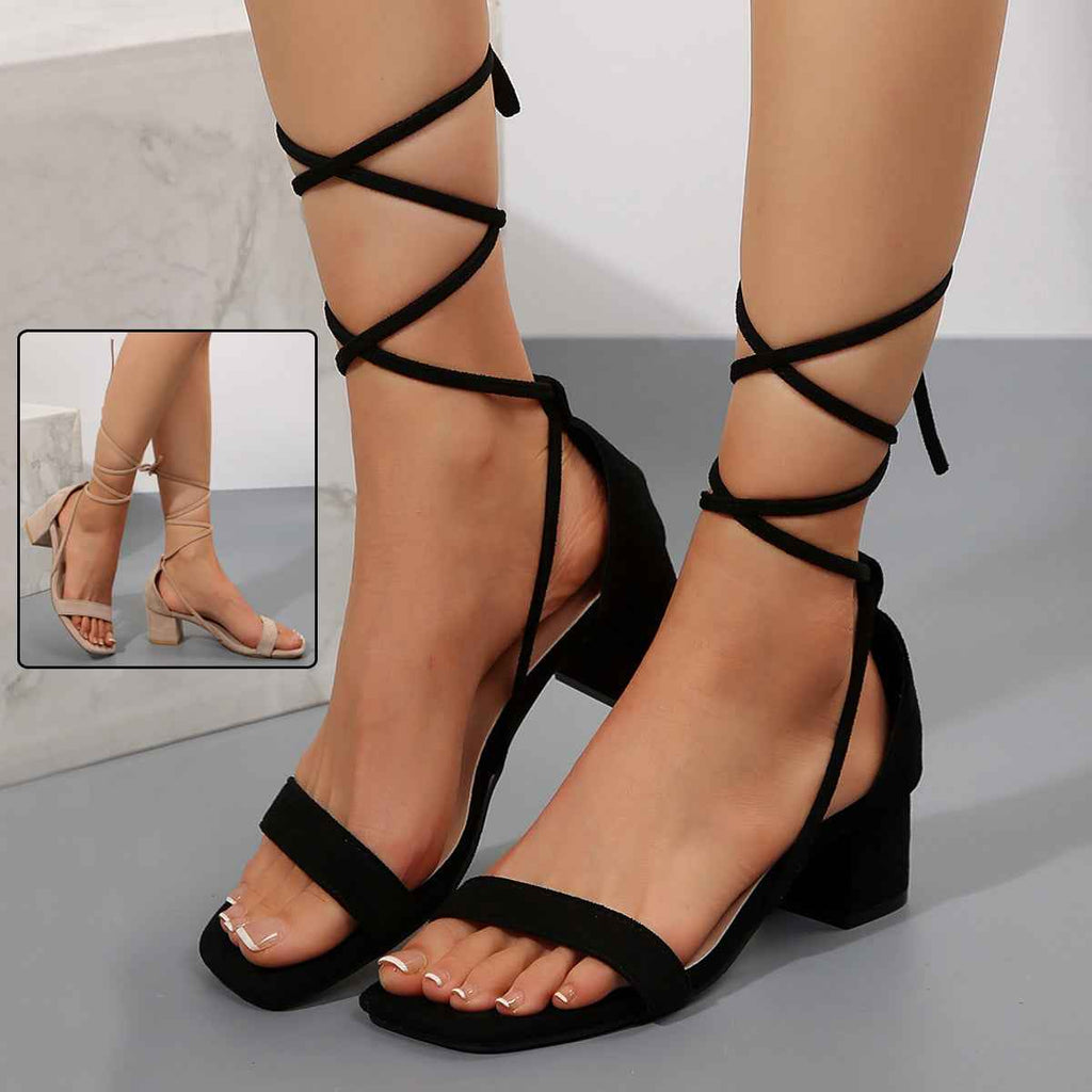 Sarah Express Square Toe Lace-Up Chunky Heel Sandals
